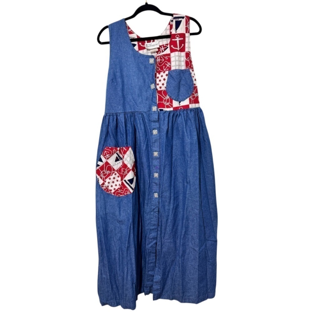 VTG 70s Krist Gudnason Sleeveless Midi Dress Medium Nautical Theme Denim Pockets - Picture 3 of 10